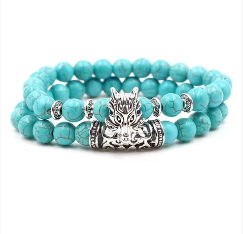Double Turquoise 8mm Beaded Wolf Bracelet