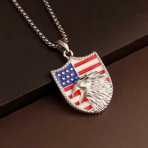 Men's Patriotic Stainless Steel American Flag & Eagle Pendant