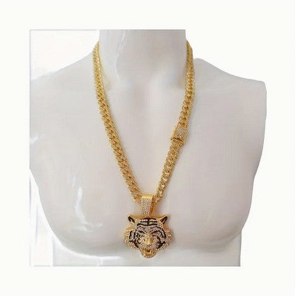 Tiger Head Pendant, Heavy and Wide Cuban Chain Necklace with CZs