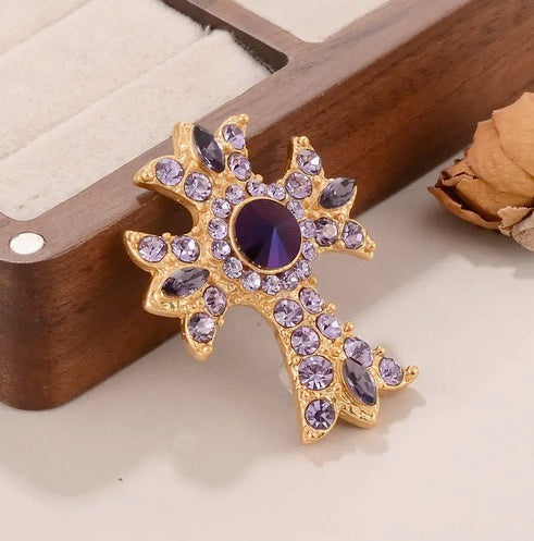 Vintage 14K Gold Plated Cross Brooch With Purple  Rhinestones