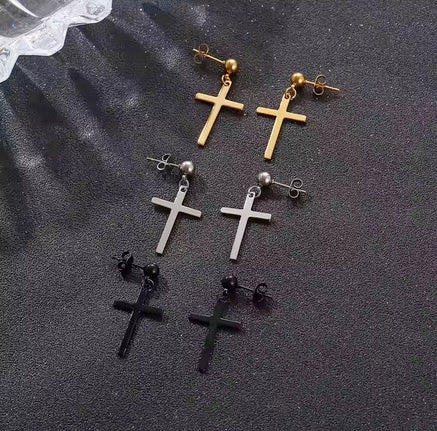 18K Plated No Tarnish Stainless Steel Post Cross Earrings