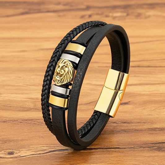 Three Layer Golden Lion of Judah Leather Bracelet
