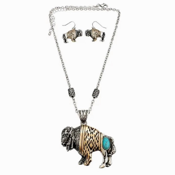 Two Tone Save the Buffalo Necklace and Earring Set