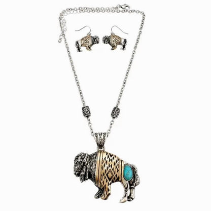 Two Tone Save the Buffalo Necklace and Earring Set