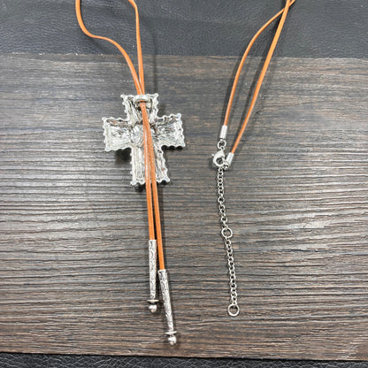 Lady’s Red Cord Silver Plated Cross Bolo Tie