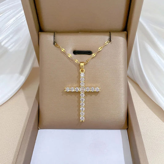 18K Gold Plated Cubic Zirconia Big Cross on Stainless Steel Necklace