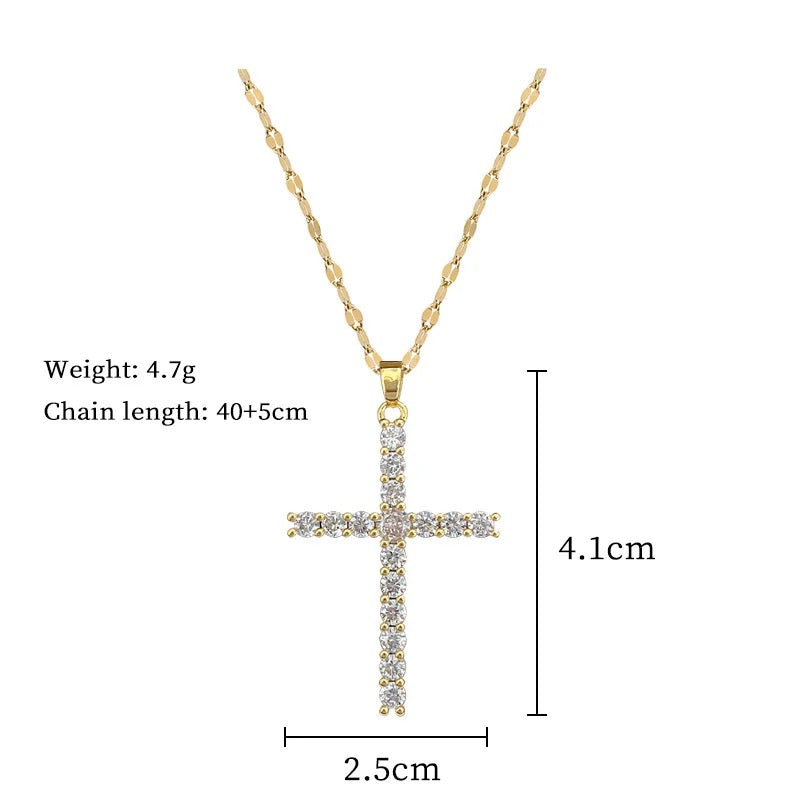 18K Gold Plated Cubic Zirconia Big Cross on Stainless Steel Necklace