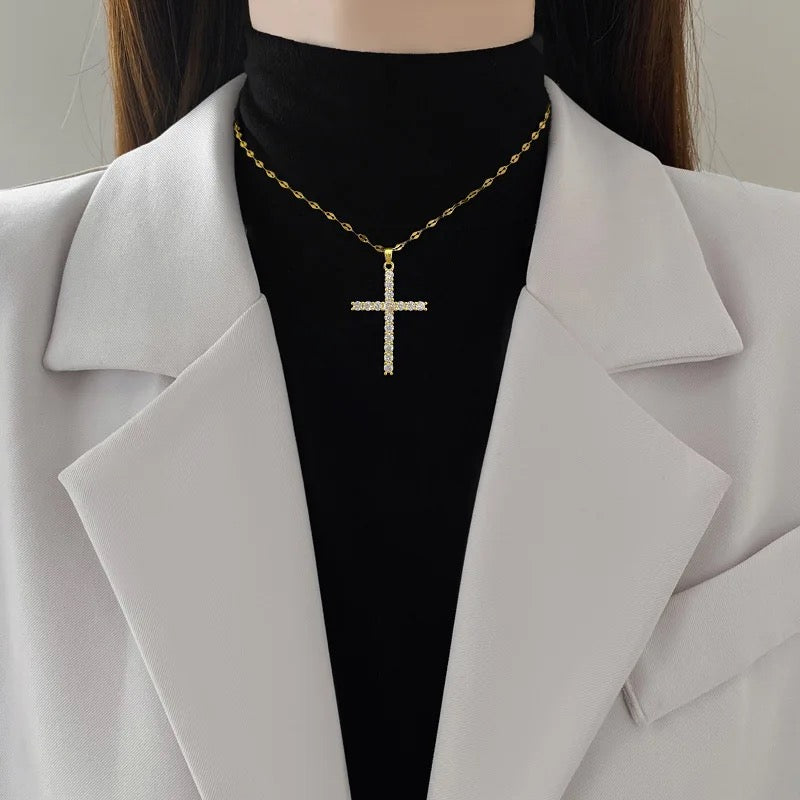 18K Gold Plated Cubic Zirconia Big Cross on Stainless Steel Necklace