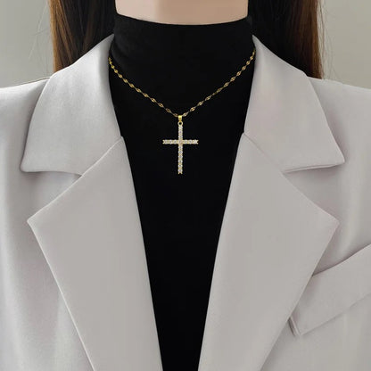 18K Gold Plated Cubic Zirconia Big Cross on Stainless Steel Necklace