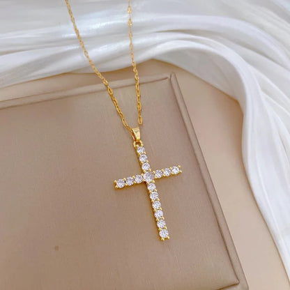 18K Gold Plated Cubic Zirconia Big Cross on Stainless Steel Necklace