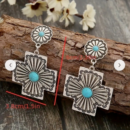 Vintage Western Style Turquoise Cross Drop Dangle Earrings Silver Plated