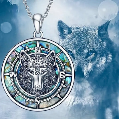 Wolf King Compass Pendant Necklace with Aurora Abalone Shell - Elegant Alloy