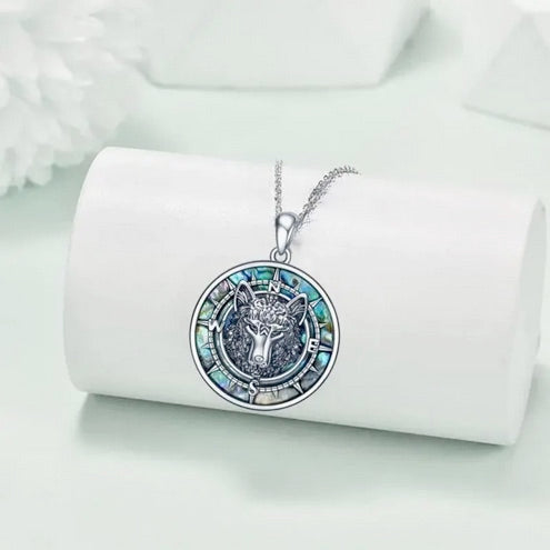 Wolf King Compass Pendant Necklace with Aurora Abalone Shell - Elegant Alloy