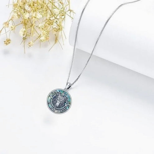 Wolf King Compass Pendant Necklace with Aurora Abalone Shell - Elegant Alloy