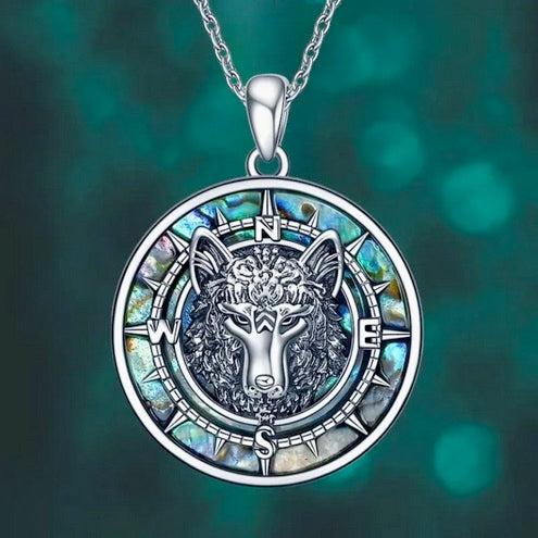 Wolf King Compass Pendant Necklace with Aurora Abalone Shell - Elegant Alloy