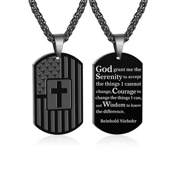 American Flag Cross Necklace With Serenity Prayer On Back