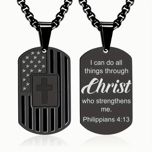 Black American Flag I Can Do All Things Through  Christ Cross Necklace