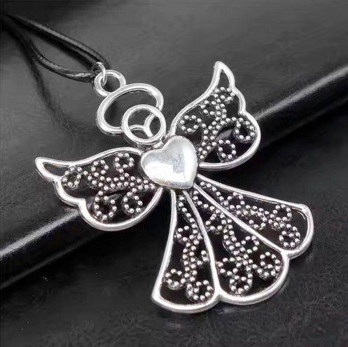 Antique Silver Plated Angel Necklace With Adjustable Length Black Leather Cord Chain
