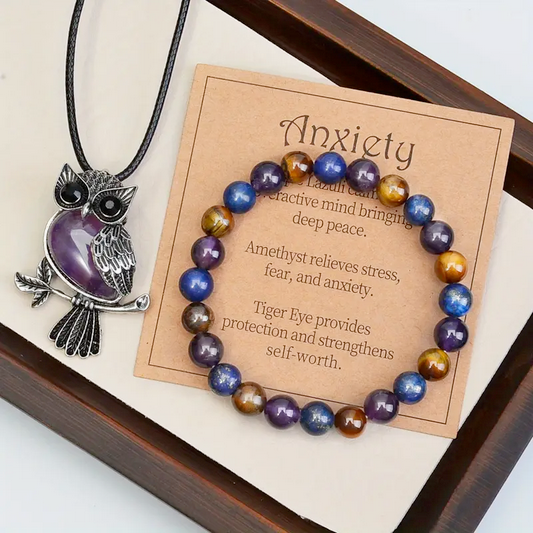 2-Piece Women's Jewelry Set, Amethyst, Tiger Eye And  Lapis Natural Stone Anxiety Relief Owl Necklace and Beaded Energy Stretch  Bracelet