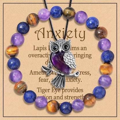 2-Piece Women's Jewelry Set, Amethyst, Tiger Eye And  Lapis Natural Stone Anxiety Relief Owl Necklace and Beaded Energy Stretch  Bracelet