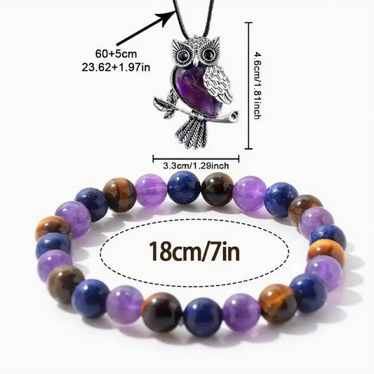 2-Piece Women's Jewelry Set, Amethyst, Tiger Eye And  Lapis Natural Stone Anxiety Relief Owl Necklace and Beaded Energy Stretch  Bracelet