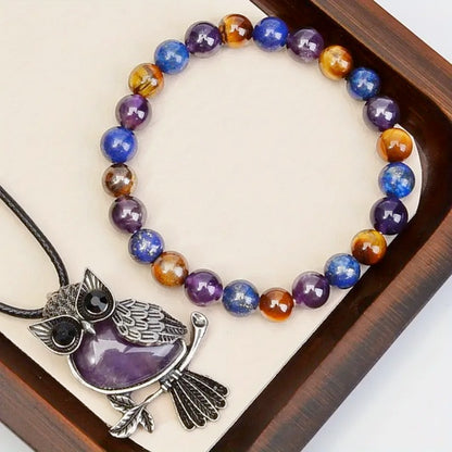 2-Piece Women's Jewelry Set, Amethyst, Tiger Eye And  Lapis Natural Stone Anxiety Relief Owl Necklace and Beaded Energy Stretch  Bracelet