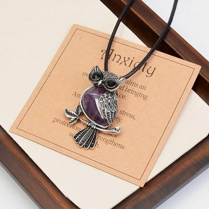 2-Piece Women's Jewelry Set, Amethyst, Tiger Eye And  Lapis Natural Stone Anxiety Relief Owl Necklace and Beaded Energy Stretch  Bracelet