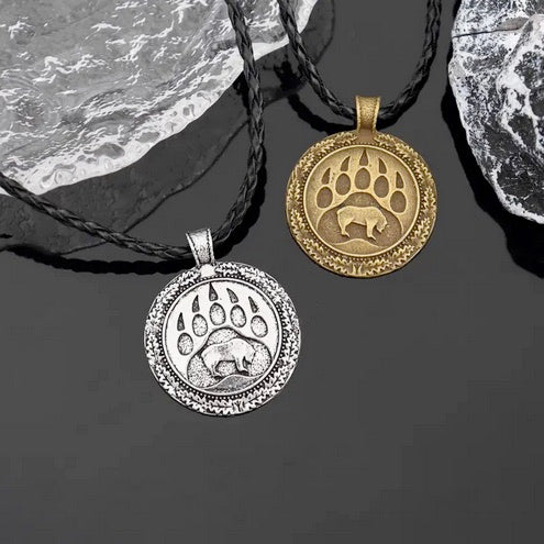 Vintage Alloy save The Bear Two Sided Necklace On Handmade Braided Leather Cord