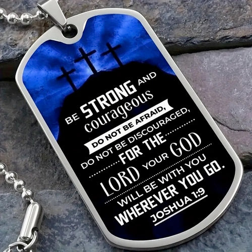 Bible Verse Be Strong And Courageous Dog Tag Style Cross Necklace