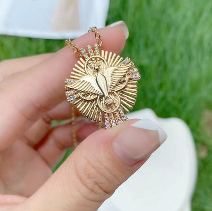 18K Plated Holy Spirit Dove Cross CZ Necklace