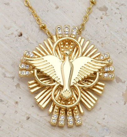 18K Plated Holy Spirit Dove Cross CZ Necklace