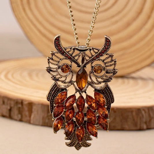 Vintage Big Owl Pendant Long Necklace