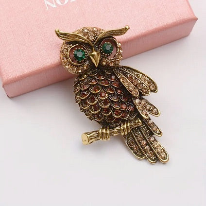 Vintage Rhinestone Owl Brooch