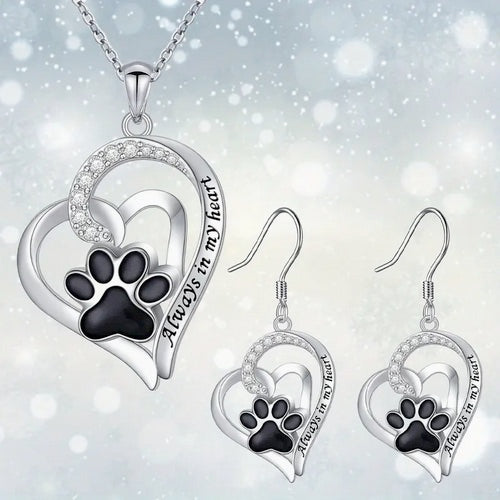 Dog Lover's Dog Paw Heart Necklace And Earring Set
