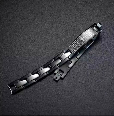 Black Stainless Steel Lord's Prayer Cross Link Bracelet