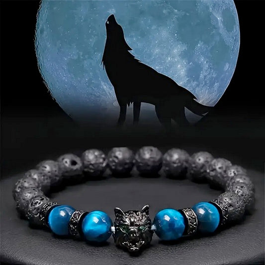 Natural Blue Tiger Eye Stone With Volcanic Black Rock Wolf Bracelet