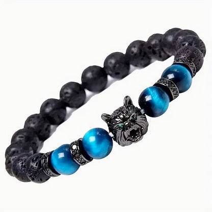 Natural Blue Tiger Eye Stone With Volcanic Black Rock Wolf Bracelet