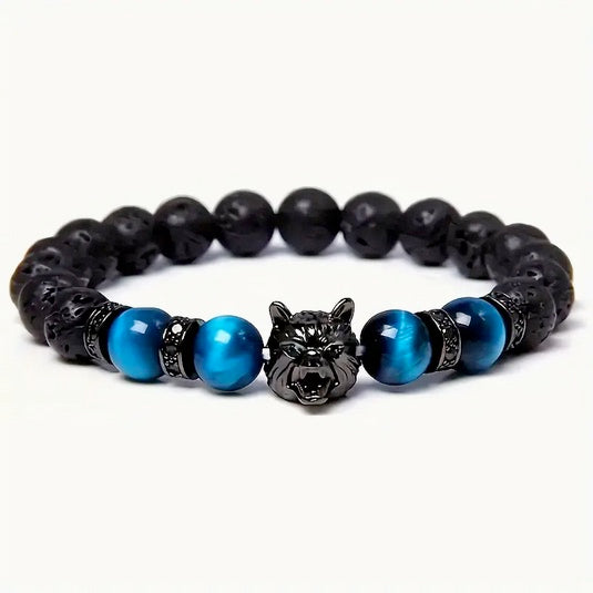 Natural Blue Tiger Eye Stone With Volcanic Black Rock Wolf Bracelet