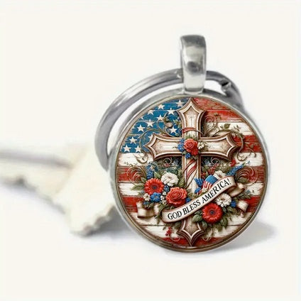 God Bless America Cross Keychain