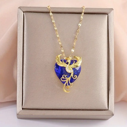 18K Gold Plated Elegant Blue Gemstone Phoenix Necklace  With Cubic Zirconia Accents