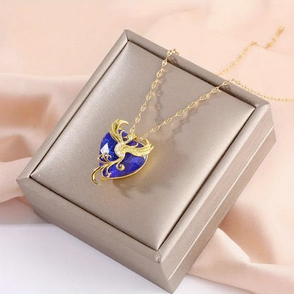 18K Gold Plated Elegant Blue Gemstone Phoenix Necklace  With Cubic Zirconia Accents