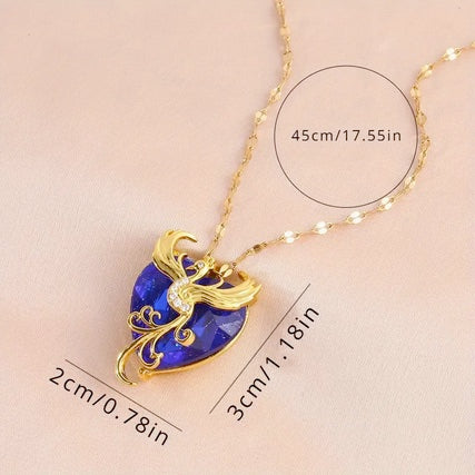 18K Gold Plated Elegant Blue Gemstone Phoenix Necklace  With Cubic Zirconia Accents