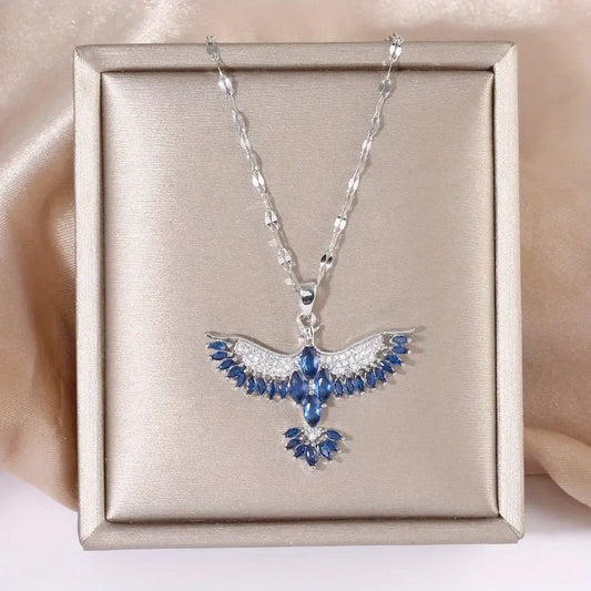 Elegant Blue Phoenix Wings Necklace with Cubic Zirconias