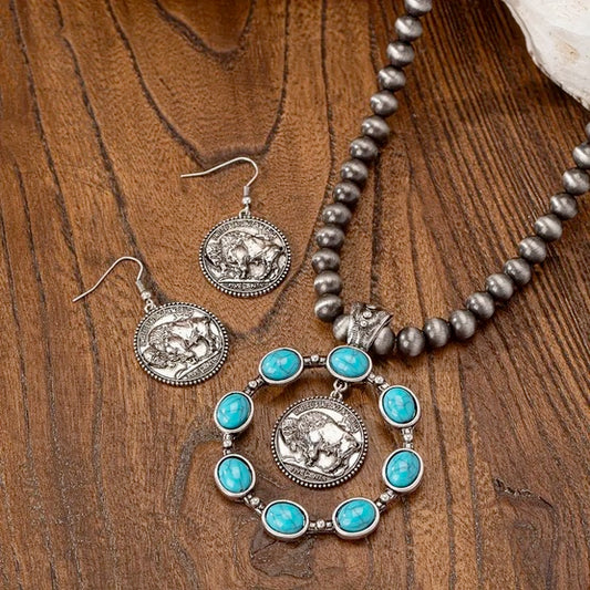 Three Piece Buffalo Coin Necklace and Earring Set
