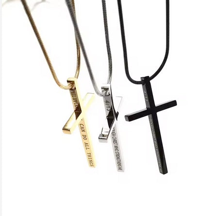 18K Gold Plated On Stainless Steel Thick Cross With Bible Verse On Side And Long Chain