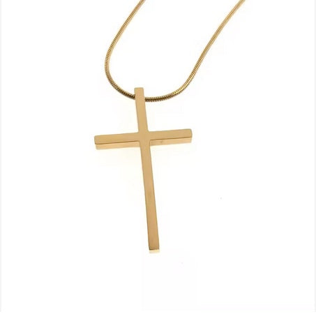 18K Gold Plated On Stainless Steel Thick Cross With Bible Verse On Side And Long Chain