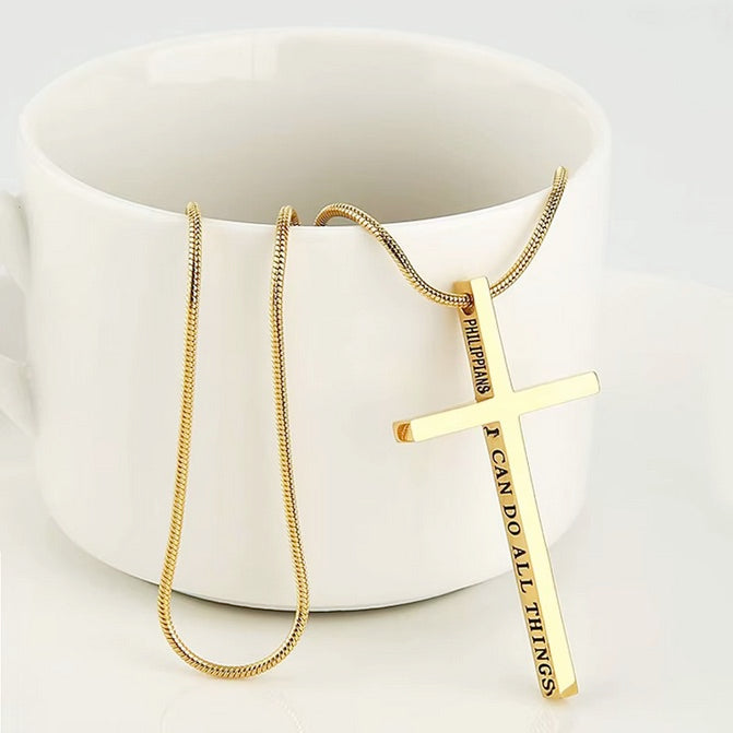 18K Gold Plated On Stainless Steel Thick Cross With Bible Verse On Side And Long Chain