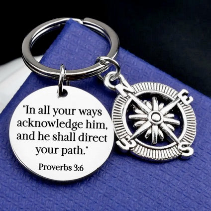 Bible Verse Inspirational Stainless Steel Compass Keychain