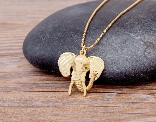 Gold Color Copper save the Elephant Necklace with Cubic Zircon Chain