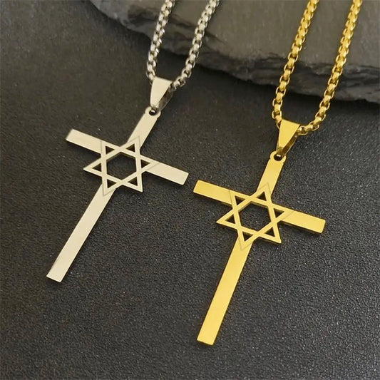 18K Gold Plated Unity Cross With Center Star Of David Necklace